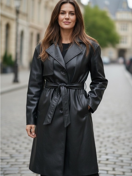 Tahari Jackets & Blazers - Tahari Black 100% Genuine Leather Trench Coat Belted XXL. Like New!